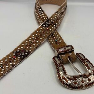 B.B. Simon Calf’s Hair Tan Belt with Brown Rhinestone Accents